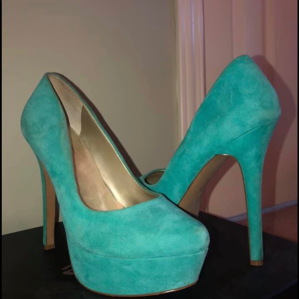 Blue suede high heel pumps